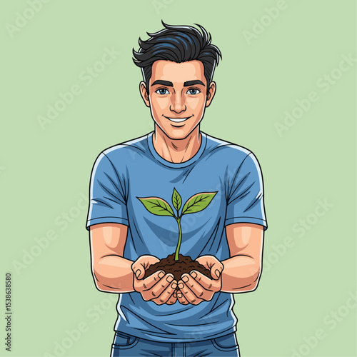 Young man holding small plant seedling showing growth and hope in nature scene