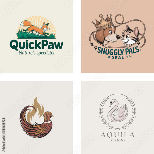 Vector illustrations of various animal logo designs with a fox a dog and cat a pheasant and a swan surrounded by leaves.