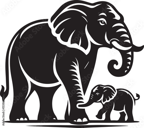 Majestic African Elephant and Calf Family Wildlife Animal Illustration in Black and White Style