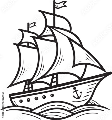 Ship Boat Sailing Sailor Vector Illustration, Sketch Drawing Line Linear Symbol Icon Engraving Coloring Book, Hand-drawn Black and White Isolated