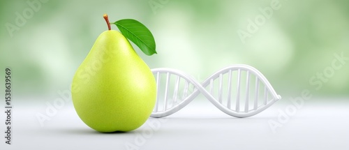Genetically modified pear with dna strand nature background minimalist image close-up view for scientific exploration