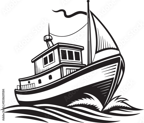 Ship Boat Sailing Sailor Vector Illustration, Sketch Drawing Line Linear Symbol Icon Engraving Coloring Book, Hand-drawn Black and White Isolated