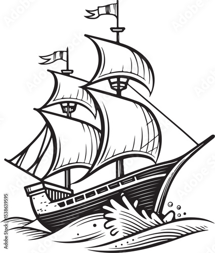 Ship Boat Sailing Sailor Vector Illustration, Sketch Drawing Line Linear Symbol Icon Engraving Coloring Book, Hand-drawn Black and White Isolated