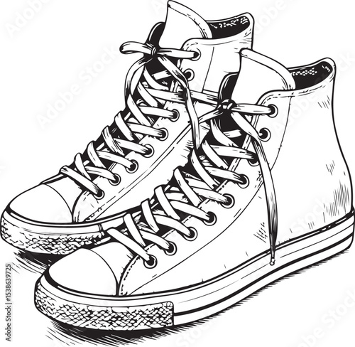 Stylish high-top sneakers with laces Vector Illustration, Sketch Drawing Line Linear Symbol Icon Engraving Coloring Book, Hand-drawn Black and White Isolated