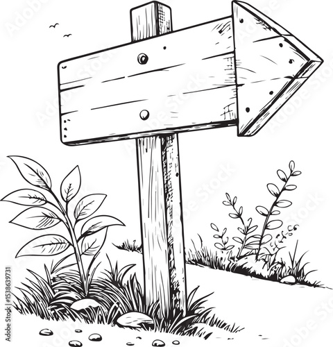 Signboard Directional Sign Arrow Vector Illustration, Sketch Drawing Line Linear Symbol Icon Engraving Coloring Book, Hand-drawn Black and White Isolated