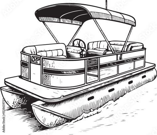 Pantoon Boat Vector Illustration, Sketch Drawing Line Linear Symbol Icon Engraving Coloring Book, Hand-drawn Black and White Isolated