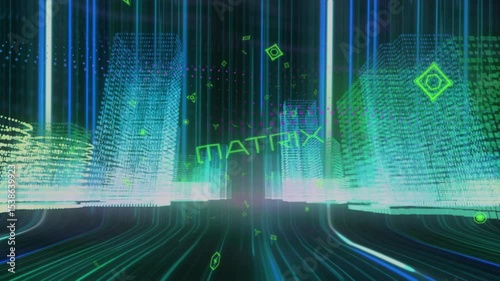 Initiating neon streams intensifying forming cityscape on plane with drifting symbols, MATRIX text