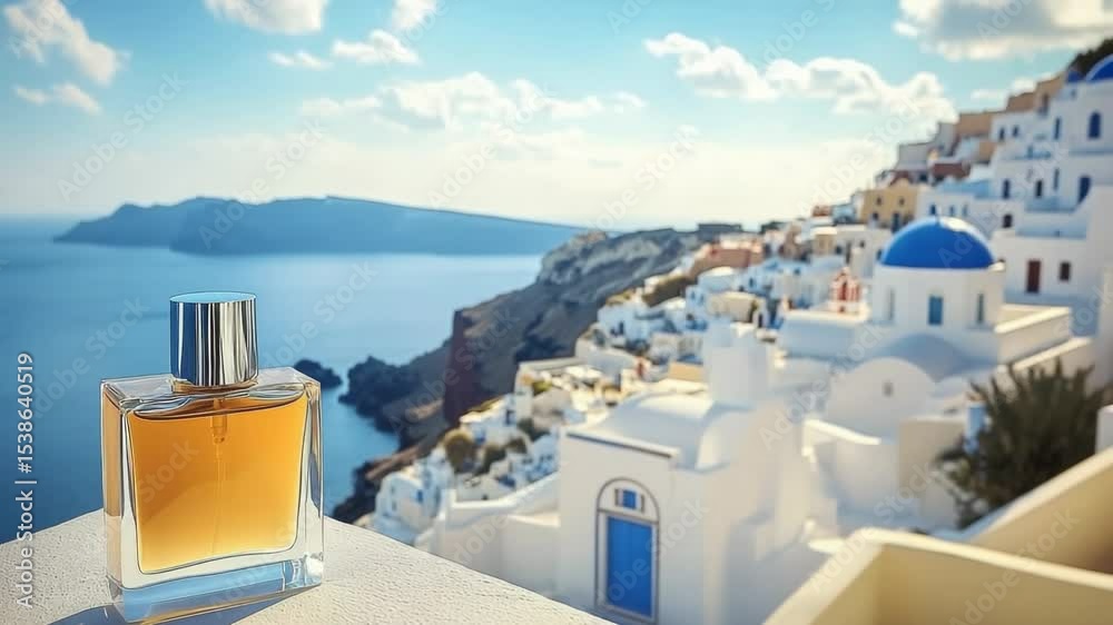 Captivating view of Santorini's coastline with a bottle of fragrance showcasing summer vibes and Mediterranean charm