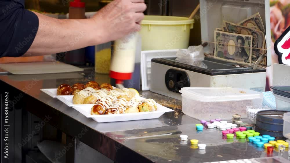 Freshly cooked takoyaki being garnished with sauce, mayo, and dried bonito by a local vendor. Close-up of a street vendor adding toppings to delicious takoyaki balls. America-mura, Osaka, Japan
