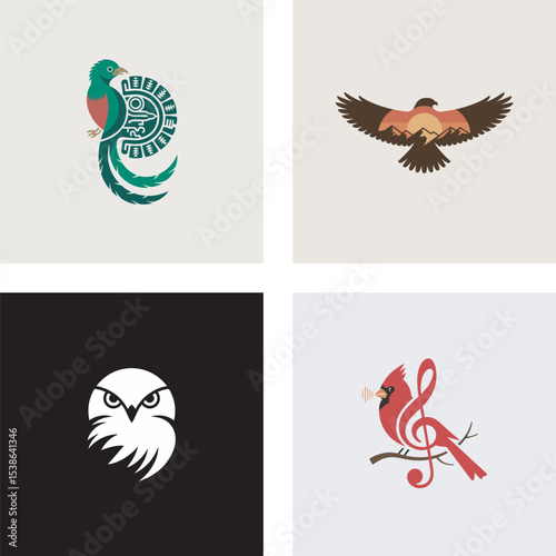Collection of four distinct bird logos depicting a quetzal an eagle an owl and a cardinal bird in different unique styles