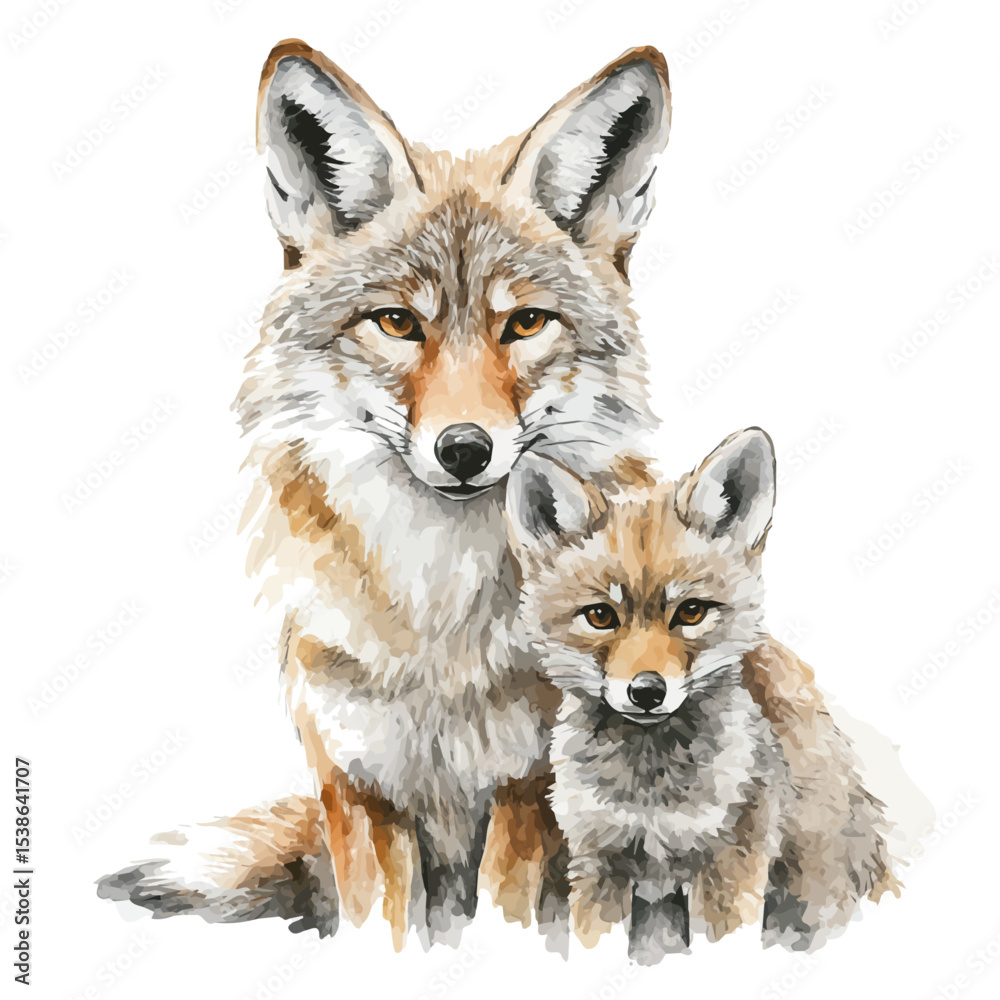 Fototapeta premium A Mother Coyote With Her Kid, watercolor drawing vector, isolated on a white background.