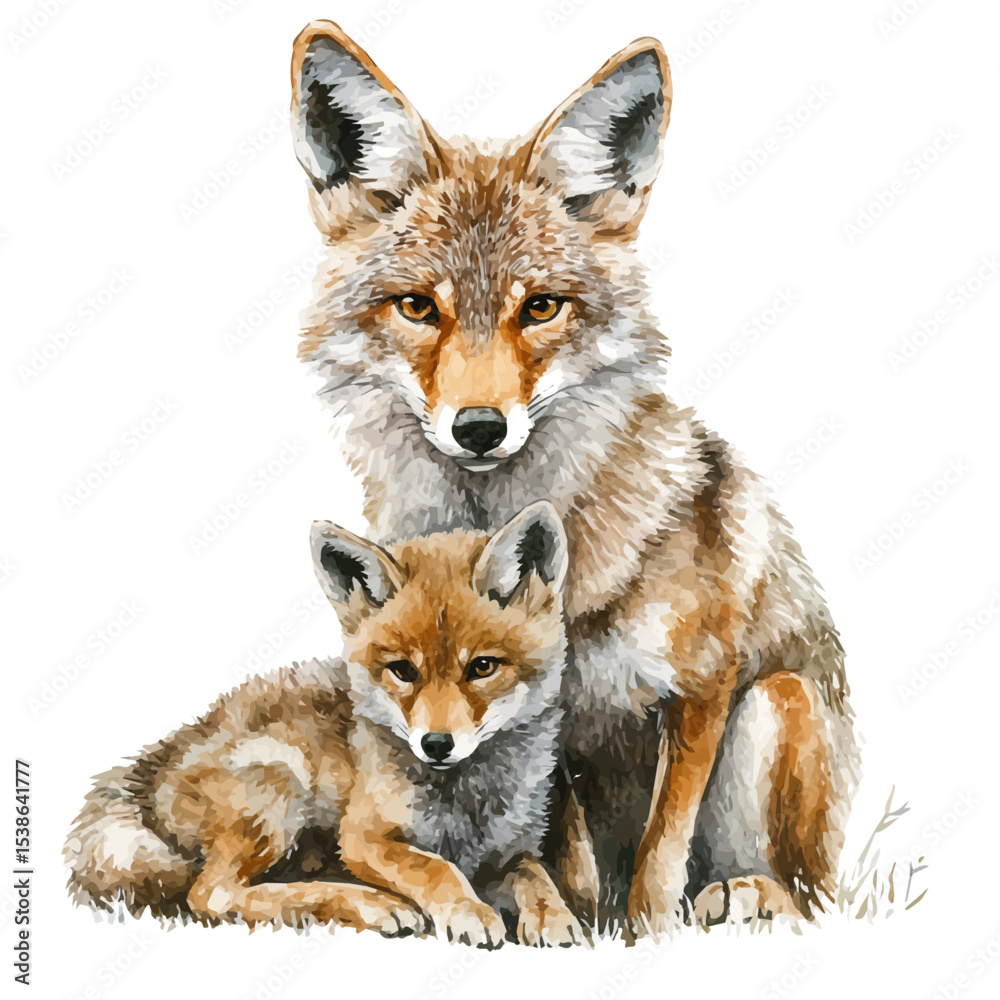 Fototapeta premium A Mother Coyote With Her Kid, watercolor clipart vector, isolated on a white background.