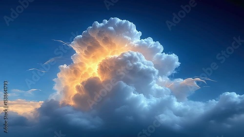 Golden sunlight illuminates a large cumulonimbus cloud against a deep blue sky
