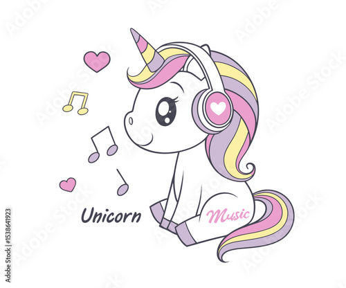 Unicorn sit and singing music and sit t-shirt graphic design vector illustration .
