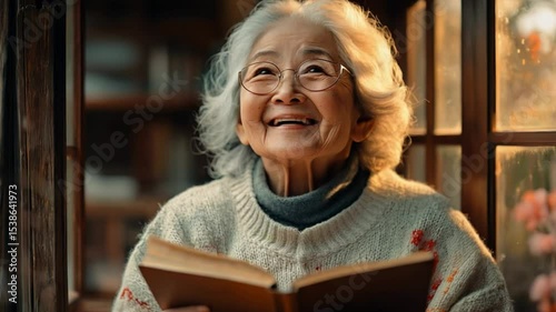 Smiling elderly woman reading a book by the window.Happy retired woman enjoying a book in her cozy home