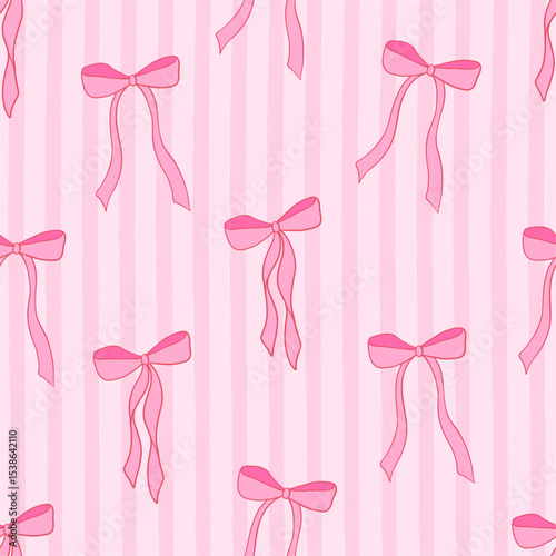 Seamless pattern with coquette pink bow knot on striped pink background. Trendy hair braiding accessory. Editable vector illustration for wrapping paper, packaging, fabric, room decor, phone case etc.