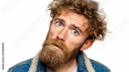 Redhead man with surprised expression, isolated on white background