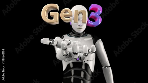 A futuristic humanoid robot holding the Gen 3 text, symbolizing the third generation of artificial intelligence and the evolution of advanced technology.