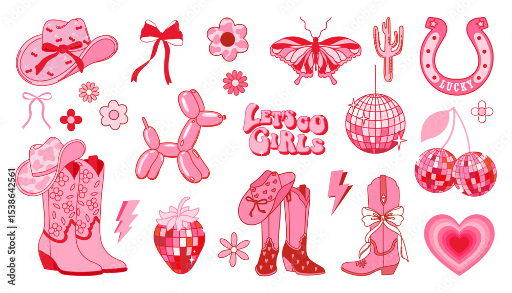 Obraz Collection of retro cowboy fashion elements. Cowgirl boots, disco ball, cherry, disco strawberry, hat, horseshoe, butterfly and lettering. Cowboy western and wild west theme. Hand drawn vector.