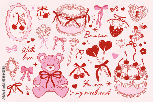 Valentine’s Day collection of romantic elements. Red and pink coquette vintage illustration. Vector of teddy bear, cake, cherry, strawberry, bows etc. Design for posters, cards, invitation etc.