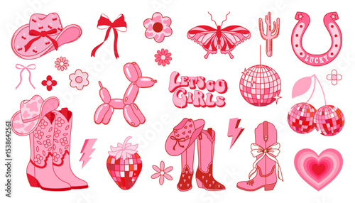 Collection of retro cowboy fashion elements. Cowgirl boots, disco ball, cherry, disco strawberry, hat, horseshoe, butterfly and lettering. Cowboy western and wild west theme. Hand drawn vector.