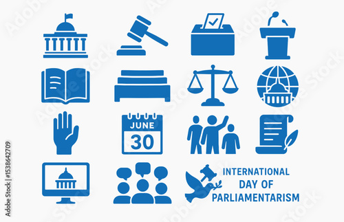 International Day of Parliamentarism Blue Icon Set Featuring Law Justice Democracy Symbols