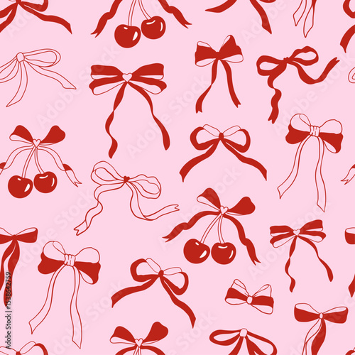 Seamless abstract pattern with cherries and coquette bows on pink background. Editable vector illustration for wrapping paper, packaging, fabric, room decor, phone case etc.