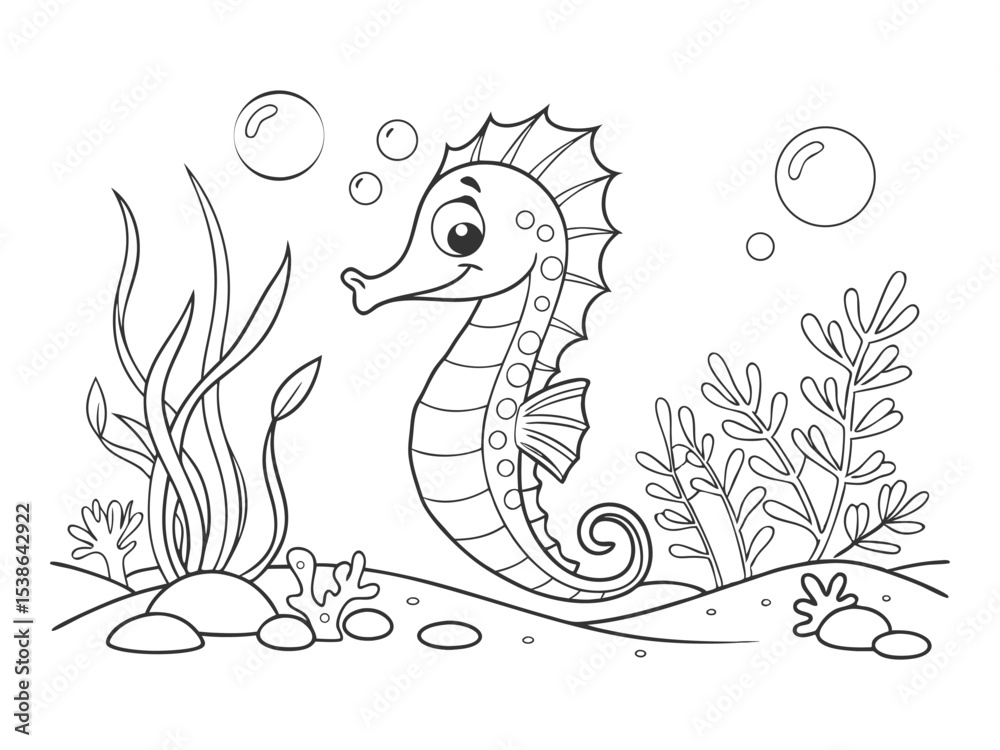 Fototapeta premium Seahorse. Underwater world. Black and white illustration for coloring book