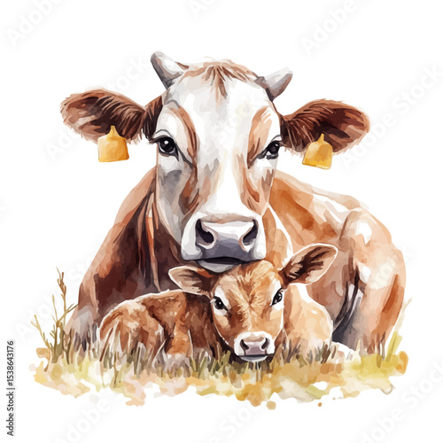 A Mother Cow With Her Kid, watercolor clipart vector, isolated on a white background.