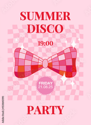 Retro party print with bow disco balls. Vintage, preppy wall art with disco mirror ball. Slogan summer disco party. Vector illustration for t shirt print, postcard, poster, phone case etc.