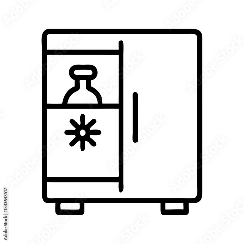 Lab freezer with bottle inside in minimal black outline design  