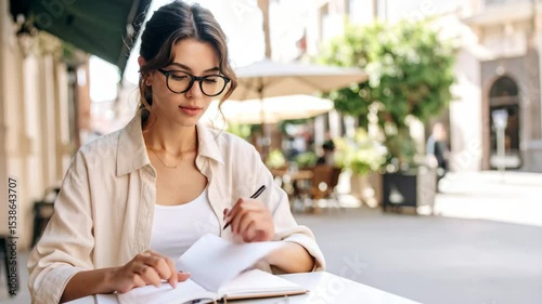 Thoughtful woman engaged in creative writing while sitting at a desk with a notebook open