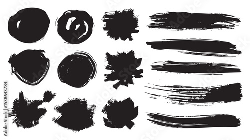 Black paint brush strokes set. Collection of paintbrush smears of round shapes and rectangle stamps with ink splatters texture. Acrylic due blots and marks with scratches edge. Vector illustration.