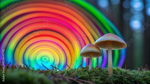 Wallpaper Mural Psilocybin concept ,Mushroom moss forest colorful spiral light background vibrant rainbow rings creating magical atmosphere Torontodigital.ca