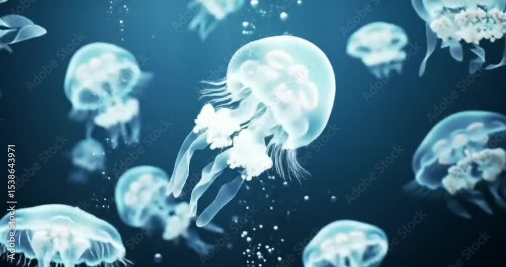 Floating transparent jellyfish glow deep in the blue ocean