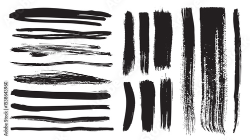 Black paint brush strokes set. Collection of paintbrush smears of dirty straight long scribble lines, wide marker rectangle shape, rough sketch stains with ink splatters texture. Vector illustration.