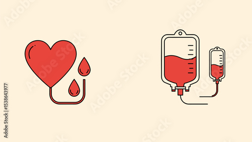 Blood Donation Icons: Heart, Blood Bag, and Drip Illustration