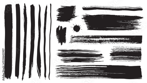 Black paint brush strokes set. Collection of paintbrush smears of dirty wide marker rectangle shapes, straight long messy lines, stains with ink splatters texture and rough edges. Vector illustration.