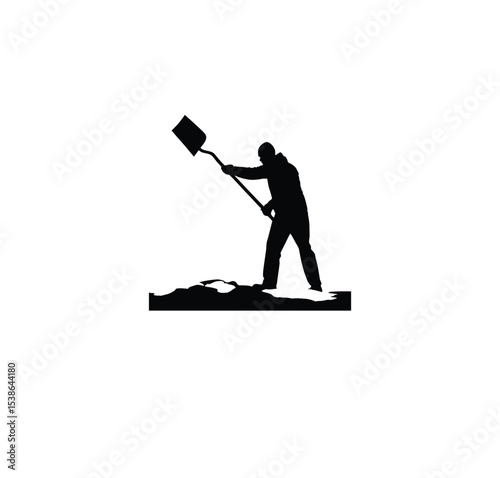 man shoveling snow silhouette on white background