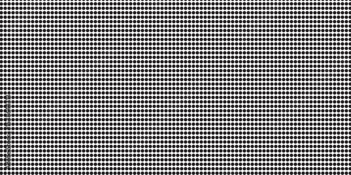Perforated metal texture. Pegboard, radiator or speaker grill surface with repeated round holes. White circular dots on black background. Mosaic wall or floor pattern. Vector graphic illustration.