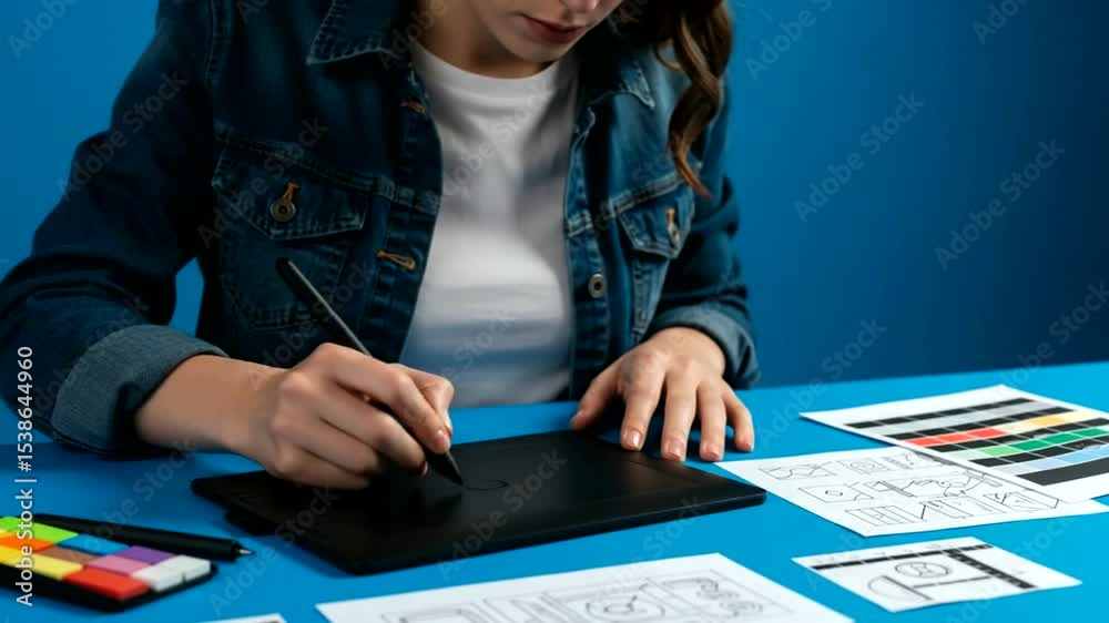Young woman designing digital graphics on a tablet at a blue desk with sketches and markers