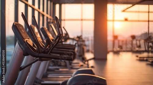Modern gym equipment in a large room with panoramic windows, bathed in the warm glow of sunset