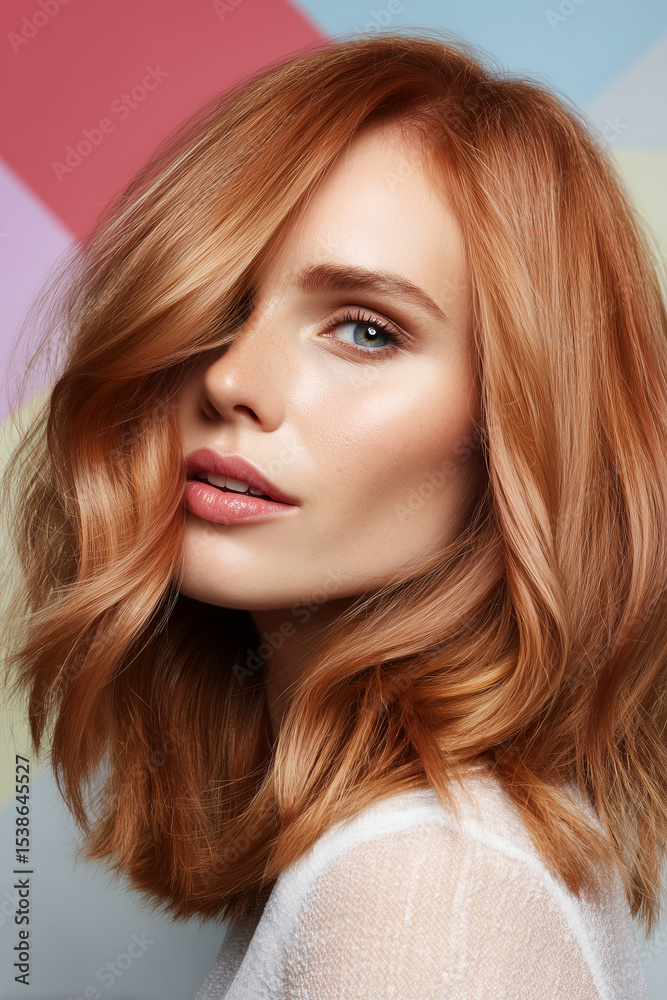 Naklejka premium Red-haired woman with glowing skin and blue eyes poses against pastel geometric background, showcasing natural beauty and soft makeup with loose wavy hair style.