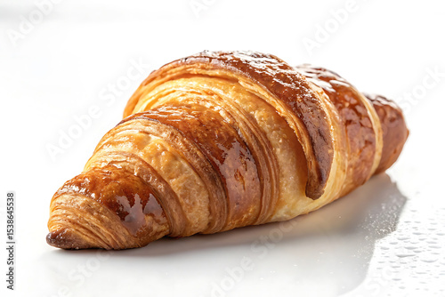 A delicious-looking croissant, freshly baked and glazed, is presented against a clean white background, showcasing its flaky layers and rich color.