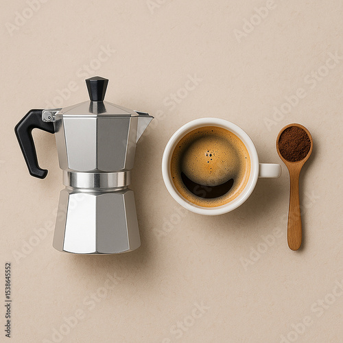 Composizione Simmetrica: Moka e Espresso su Sfondo Neutro.
