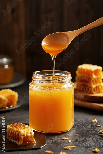 Dripping Honeycomb, Honeycomb Cluster, Honeycomb, topless glass jar, wooden spoon,
