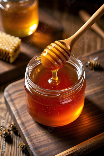 Dripping Honeycomb, Honeycomb Cluster, Honeycomb, topless glass jar, wooden spoon,