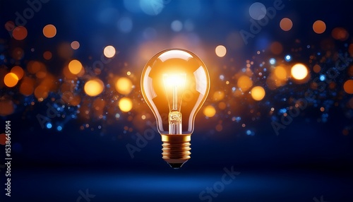 a bright light bulb is lit in the center of a dark blue background with orange bokeh
