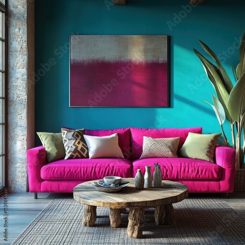 Vibrant Living Room with Pink Couch, Teal Walls and Boho Decor