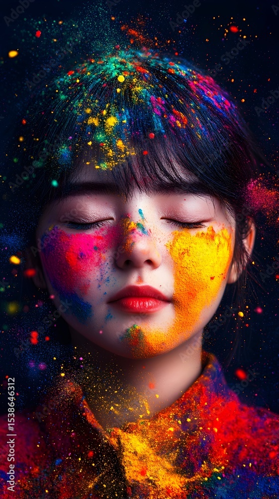 Obraz premium Colorful powder portrait, woman, studio, serenity, festival
